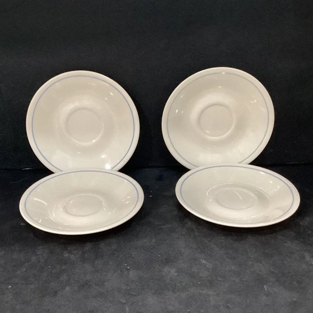 Corelle Corning Needlepoint Coffee Saucers, Set of 4, Vtg Blue Stripe Dinnerware